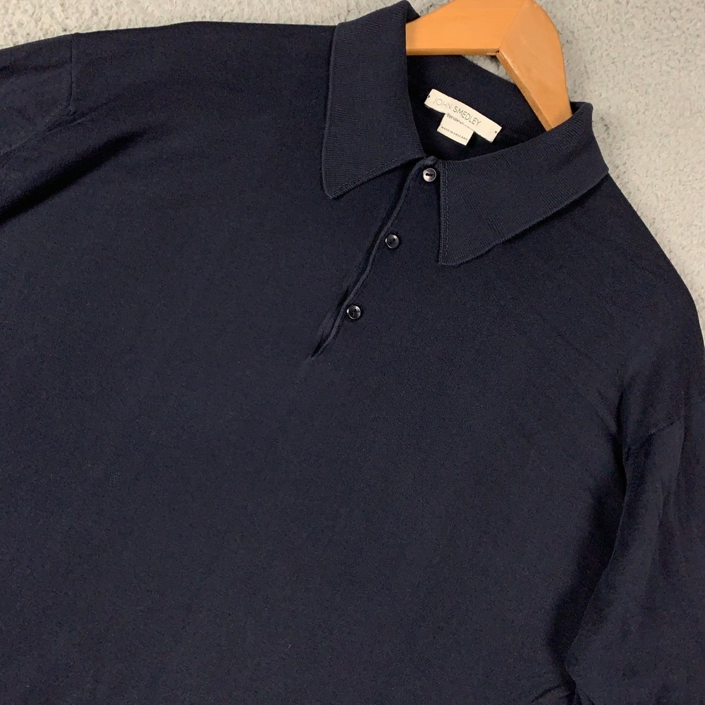 John Smedley Knit Polo Shirt Men's XL Navy Blue Short Sleeve Sea Island Cotton